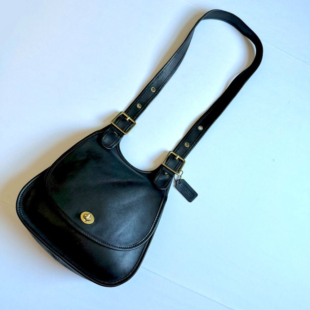 Vintage 90's Coach Crescent Berkeley Saddle Bag Black Leather Brass 9988 - Picture 1 of 12